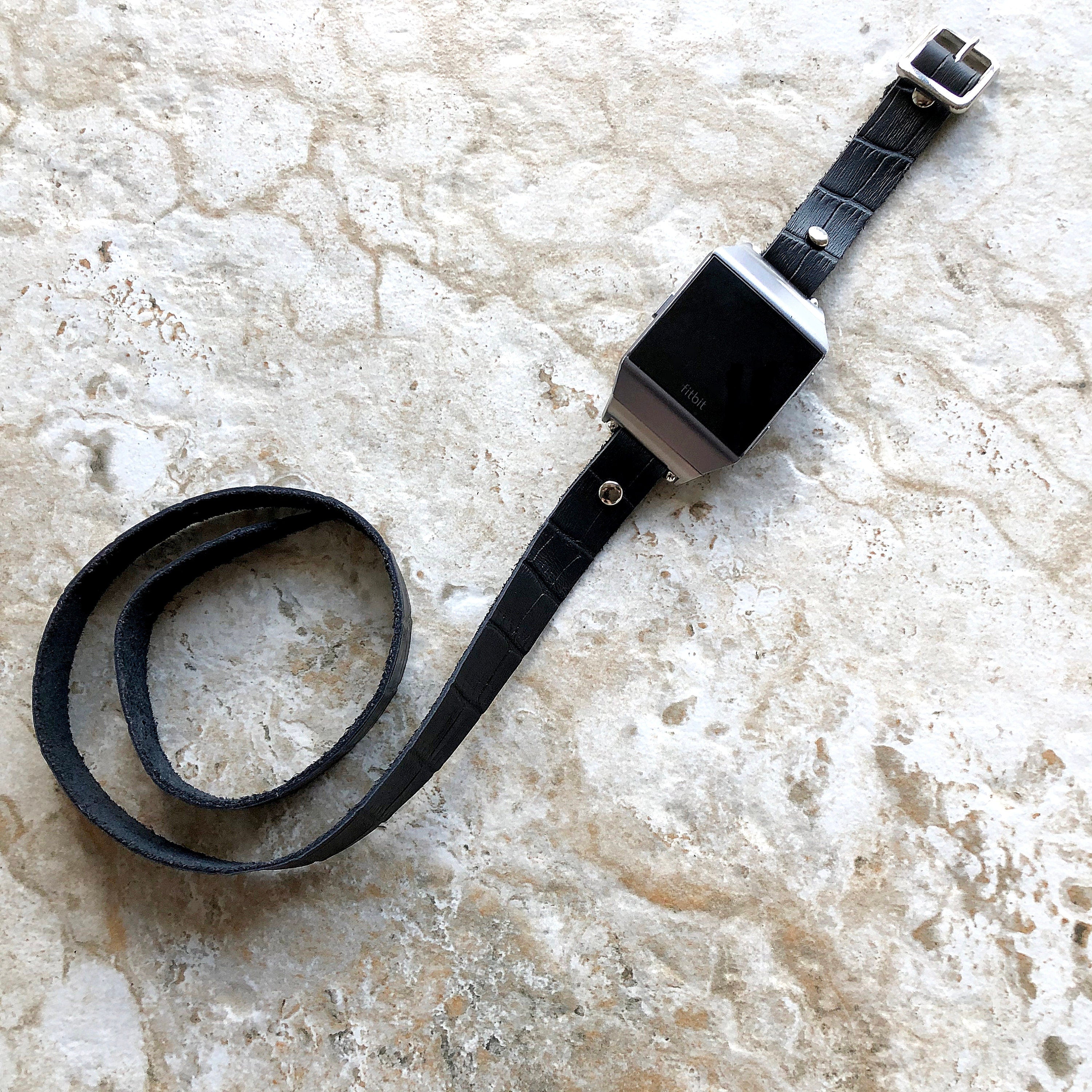 Fitbit Ionic Smartwatch Black Crocodile Alligator Pattern Embossed Leather Bracelet Band Triple Wrap Around Wrist Strap Silver Rose Gold